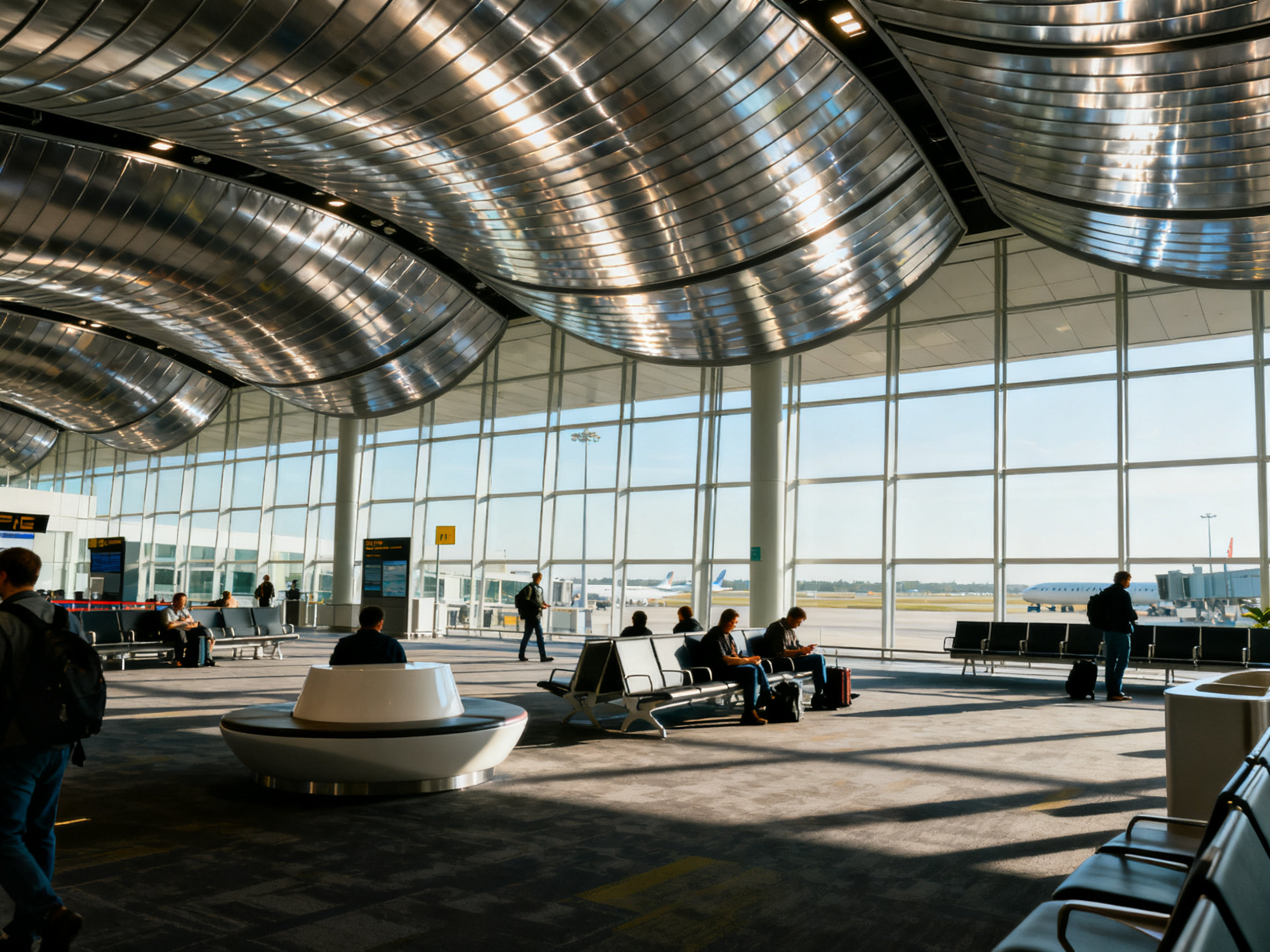静谧的低语:金属微孔吸音板的时代回响 Airport terminal acoustics
